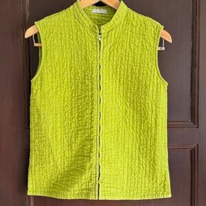 RUSS BERENS | Pea Green Quilted Linen Blend Zip Up Vest Boho Kantha Extra Small